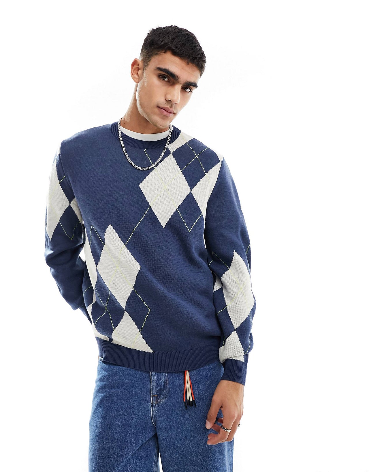 knitted relaxed jumper in argyle design in navy