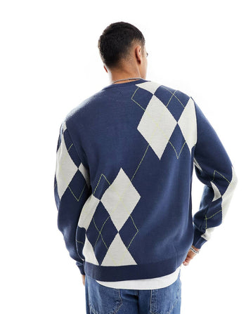 knitted relaxed jumper in argyle design in navy