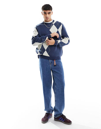 knitted relaxed jumper in argyle design in navy