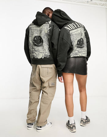 oversized hoodie with Nirvana Licence print in charcoal