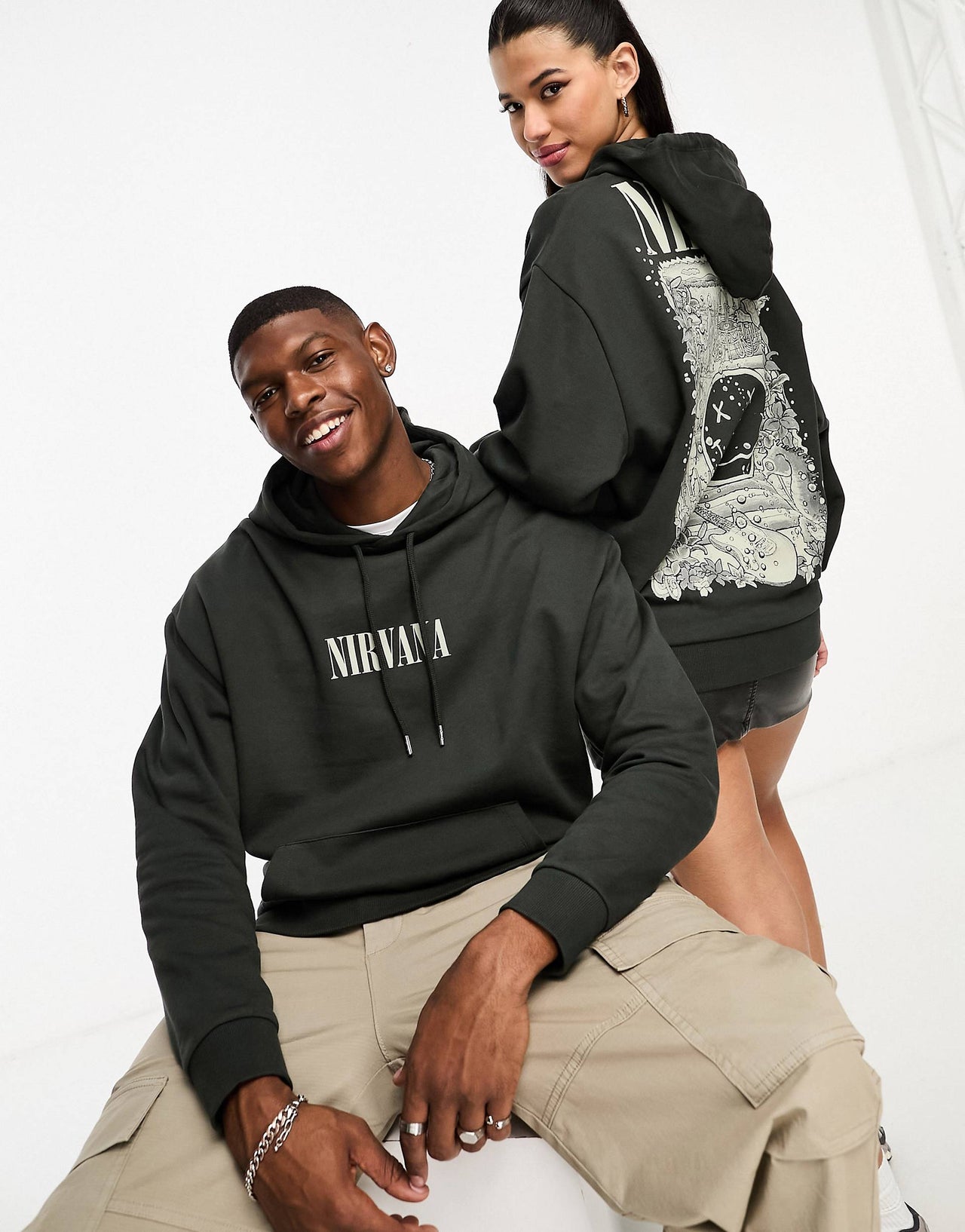 oversized hoodie with Nirvana Licence print in charcoal