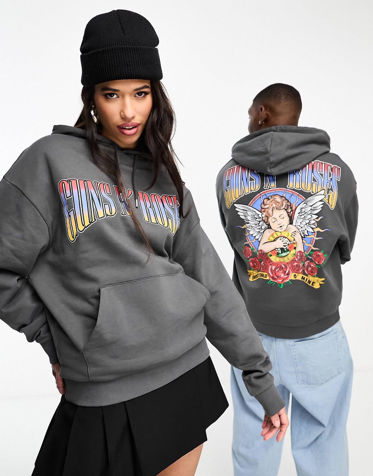 unisex oversized zip thru hoodie in grey with outdoors back & sleeve print