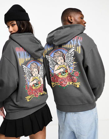 unisex oversized zip thru hoodie in grey with outdoors back & sleeve print
