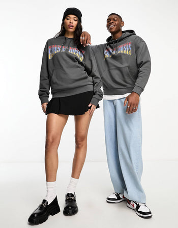 unisex oversized zip thru hoodie in grey with outdoors back & sleeve print