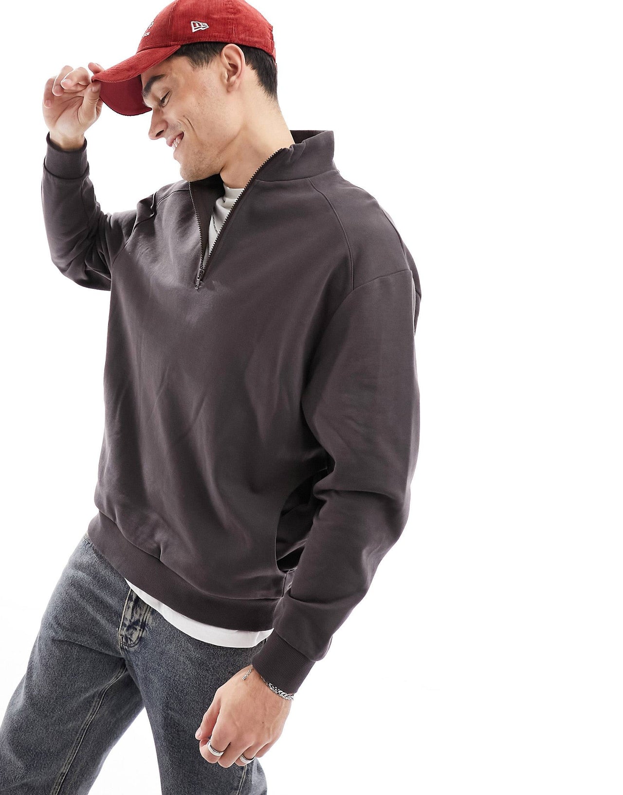 oversized half zip funnel neck sweatshirt in brown