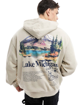 oversized hoodie with outdoor back print in beige