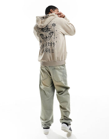 oversized hoodie with back print and butterfly embroidered hood in brown