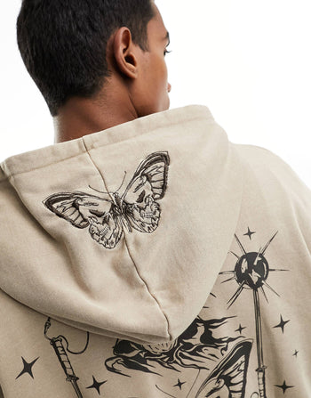 oversized hoodie with back print and butterfly embroidered hood in brown