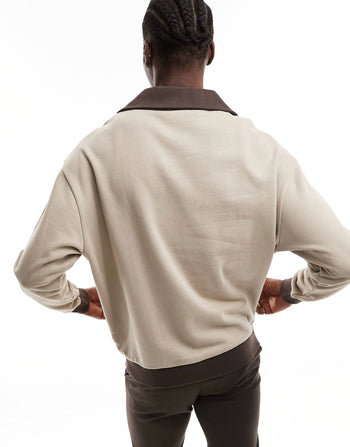 oversized v-neck rugby sweatshirt in beige with rib collared neck