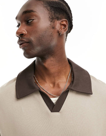 oversized v-neck rugby sweatshirt in beige with rib collared neck