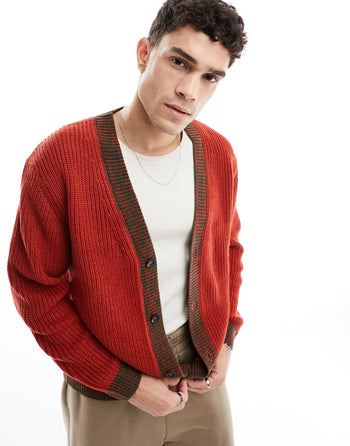 relaxed knitted cardigan with contrast detailing in red