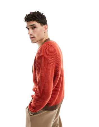 relaxed knitted cardigan with contrast detailing in red