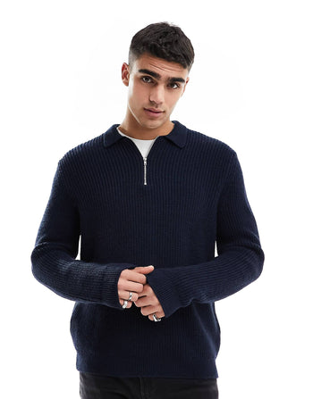 heavyweight 1/4 zip rib jumper with collar in navy