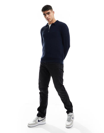 heavyweight 1/4 zip rib jumper with collar in navy