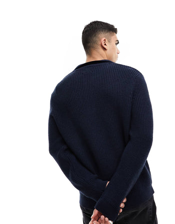 heavyweight 1/4 zip rib jumper with collar in navy