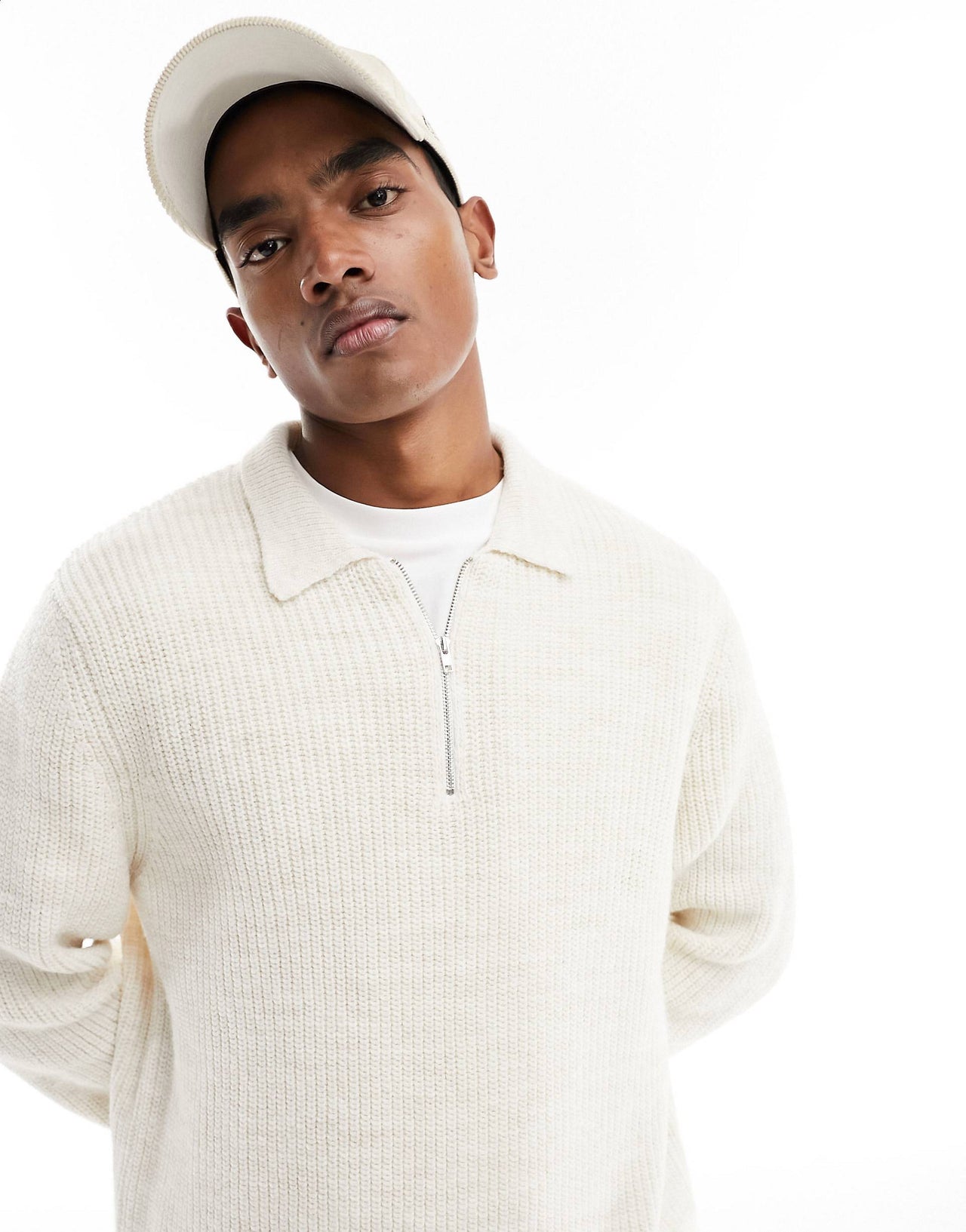heavyweight 1/4 zip rib jumper with collar in cream