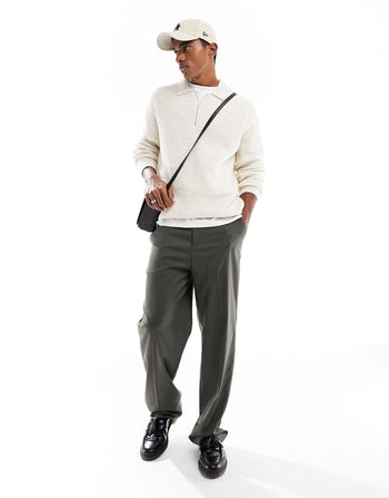 heavyweight 1/4 zip rib jumper with collar in cream