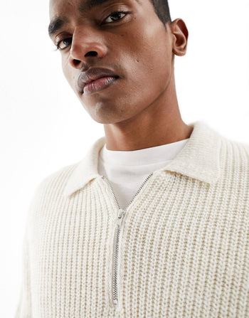 heavyweight 1/4 zip rib jumper with collar in cream