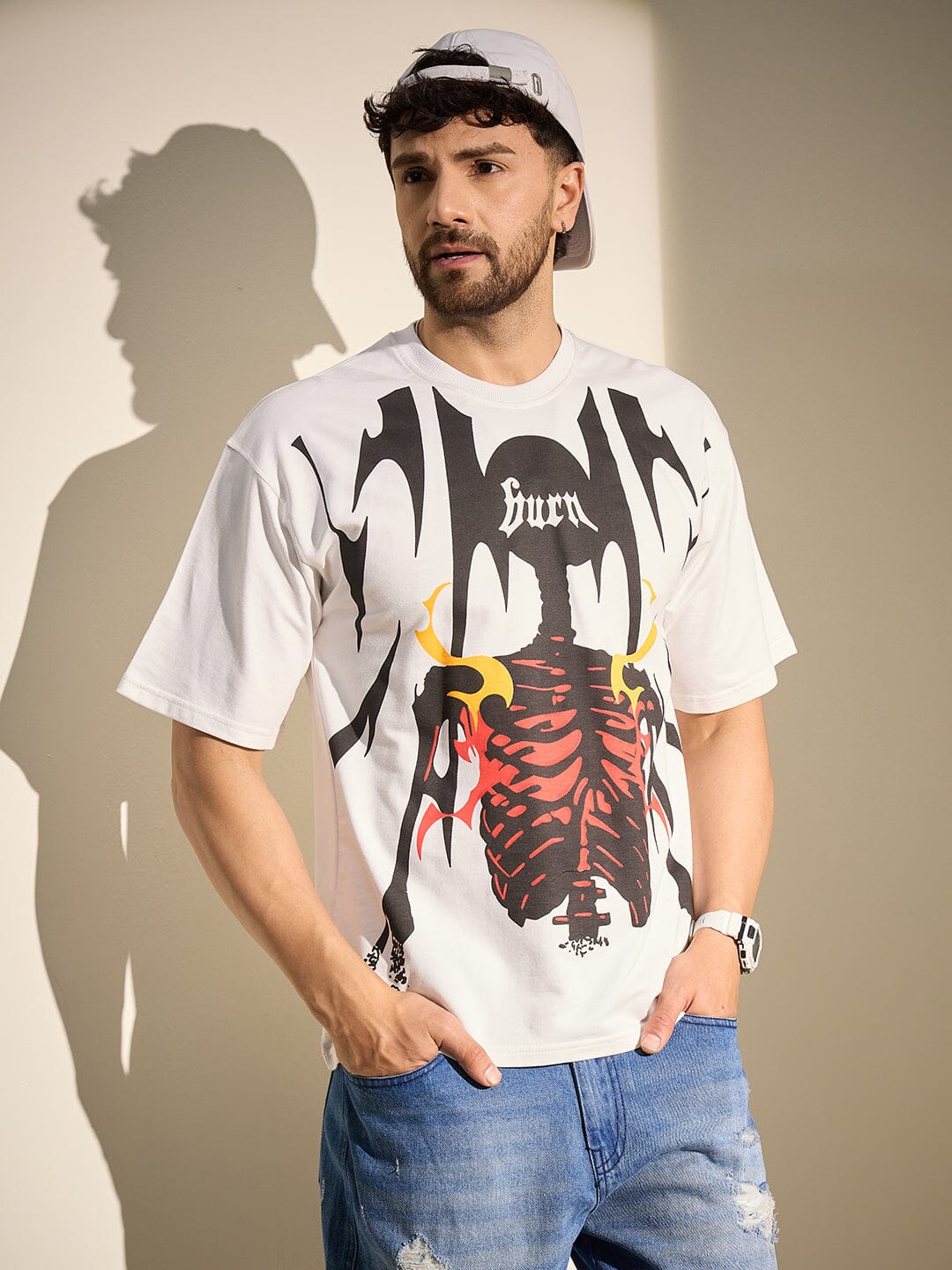 White Burn Graphic Oversized Tshirt