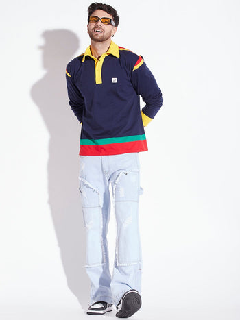 Blue Striped Oversized Longsleeve Polo Tee