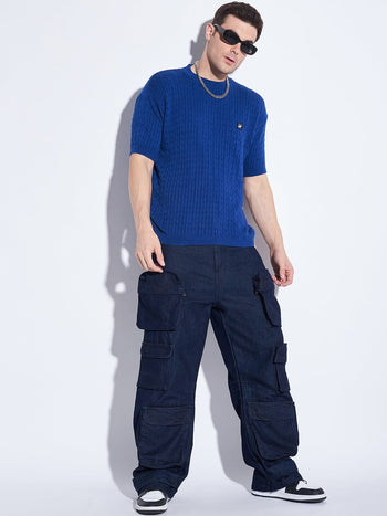 Royal Blue Short Sleeve Knitted Sweater