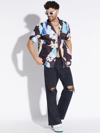 Black Floral Print Cuban Shirt