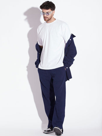 Navy Textured Relaxed Fit Boot-Cut Pant