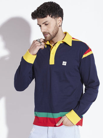 Blue Striped Oversized Longsleeve Polo Tee