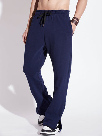 Navy Textured Relaxed Fit Boot-Cut Pant