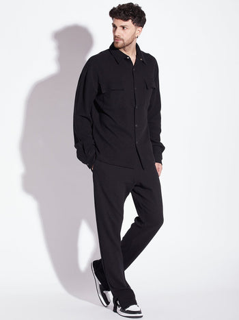 Black Pleated OverShirt And Pants Combo Set