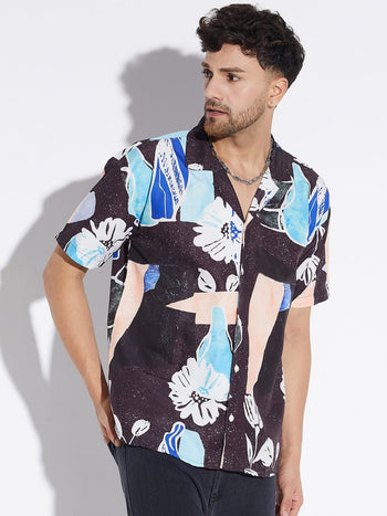 Black Floral Print Cuban Shirt