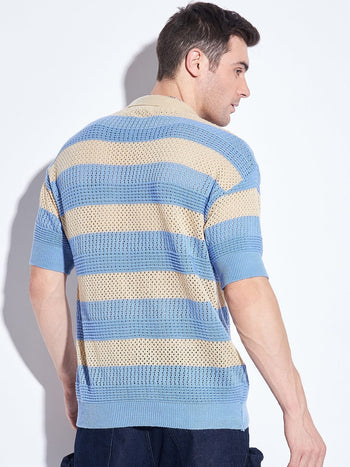 Blue & Biege Striped Crochet Shirt