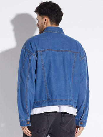 Mid Wash Wavy Panelled Oversized Denim Jacket