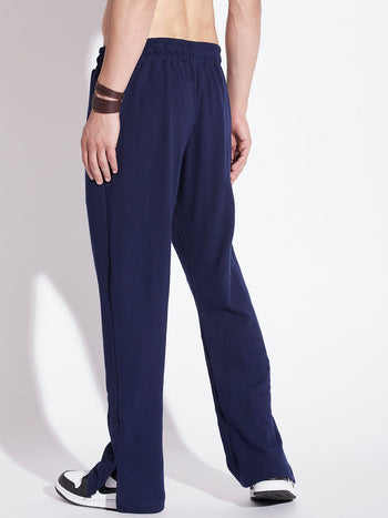 Navy Textured Relaxed Fit Boot-Cut Pant
