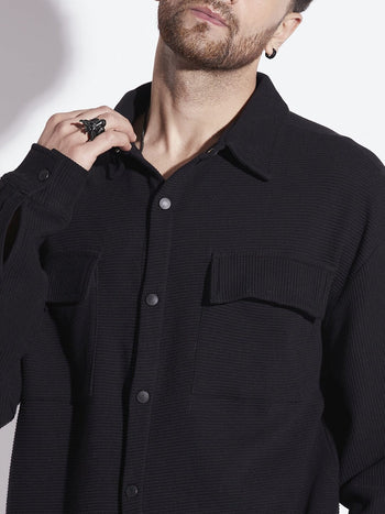 Black Pleated OverShirt And Pants Combo Set