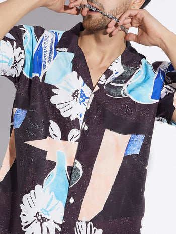 Black Floral Print Cuban Shirt