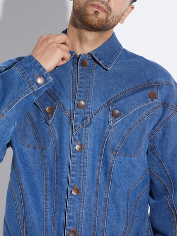 Mid Wash Wavy Panelled Oversized Denim Jacket
