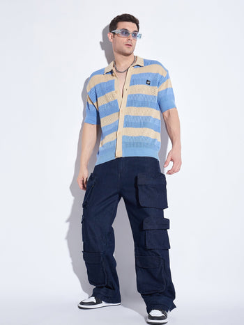 Blue & Biege Striped Crochet Shirt