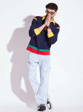 Blue Striped Oversized Longsleeve Polo Tee
