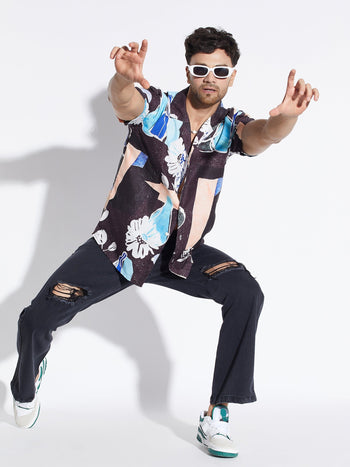 Black Floral Print Cuban Shirt