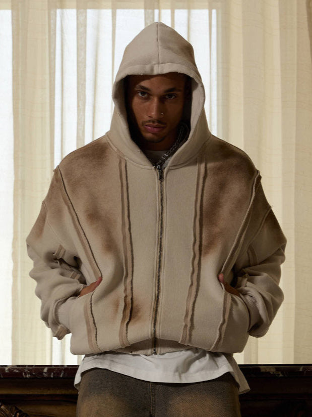 Distressed Patchwork Velvet Cardigan Hooded Sweatshirt