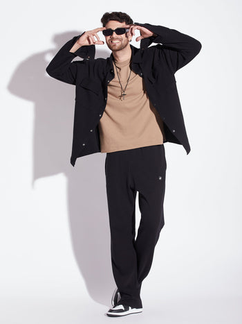 Black Pleated OverShirt And Pants Combo Set