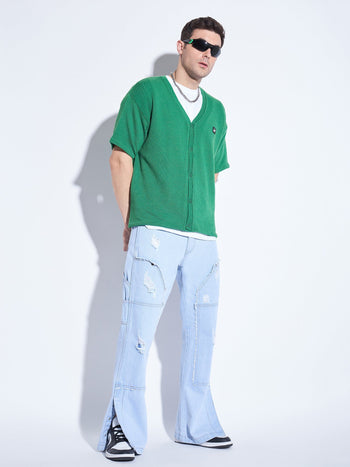 Turf Green Knitted Short Sleeves Cardigan