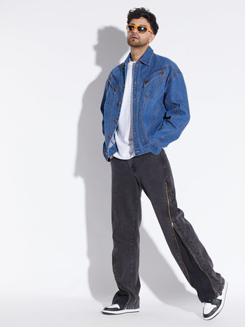 Mid Wash Wavy Panelled Oversized Denim Jacket