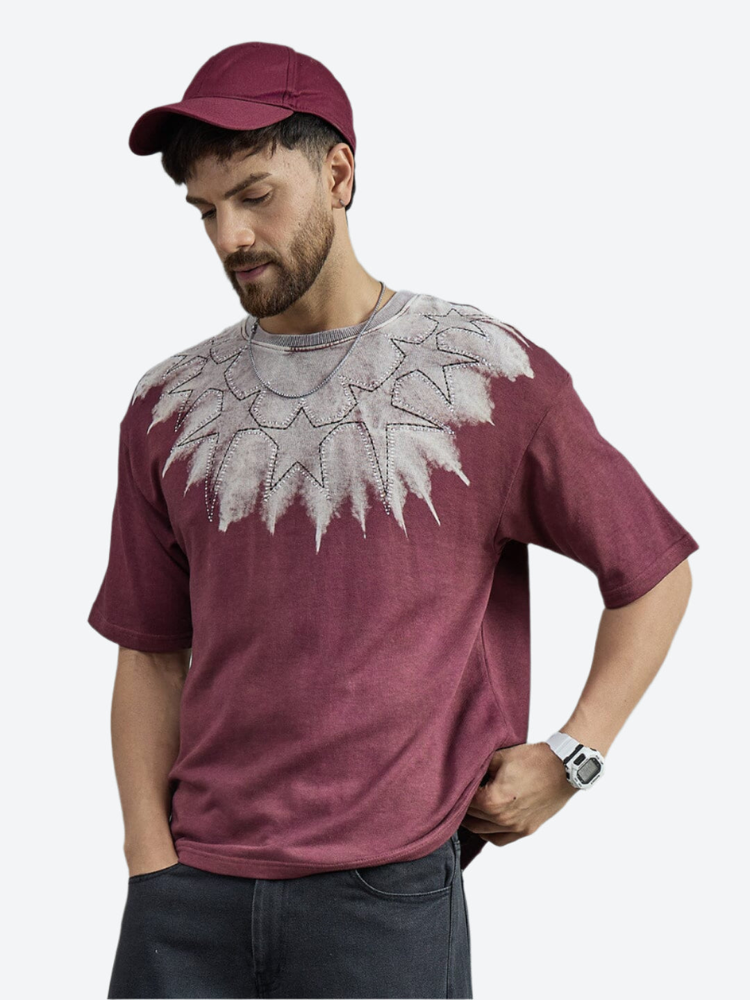 Heather Rose Ombre Star Embroidery Oversized T-shirt