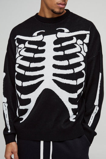 Oversized Drop Shoulder Skeleton Print Knitted Sweater