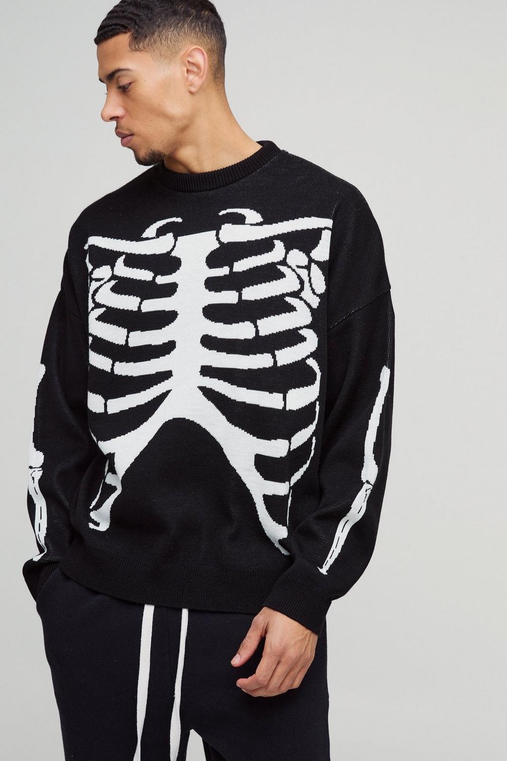 Oversized Drop Shoulder Skeleton Print Knitted Sweater