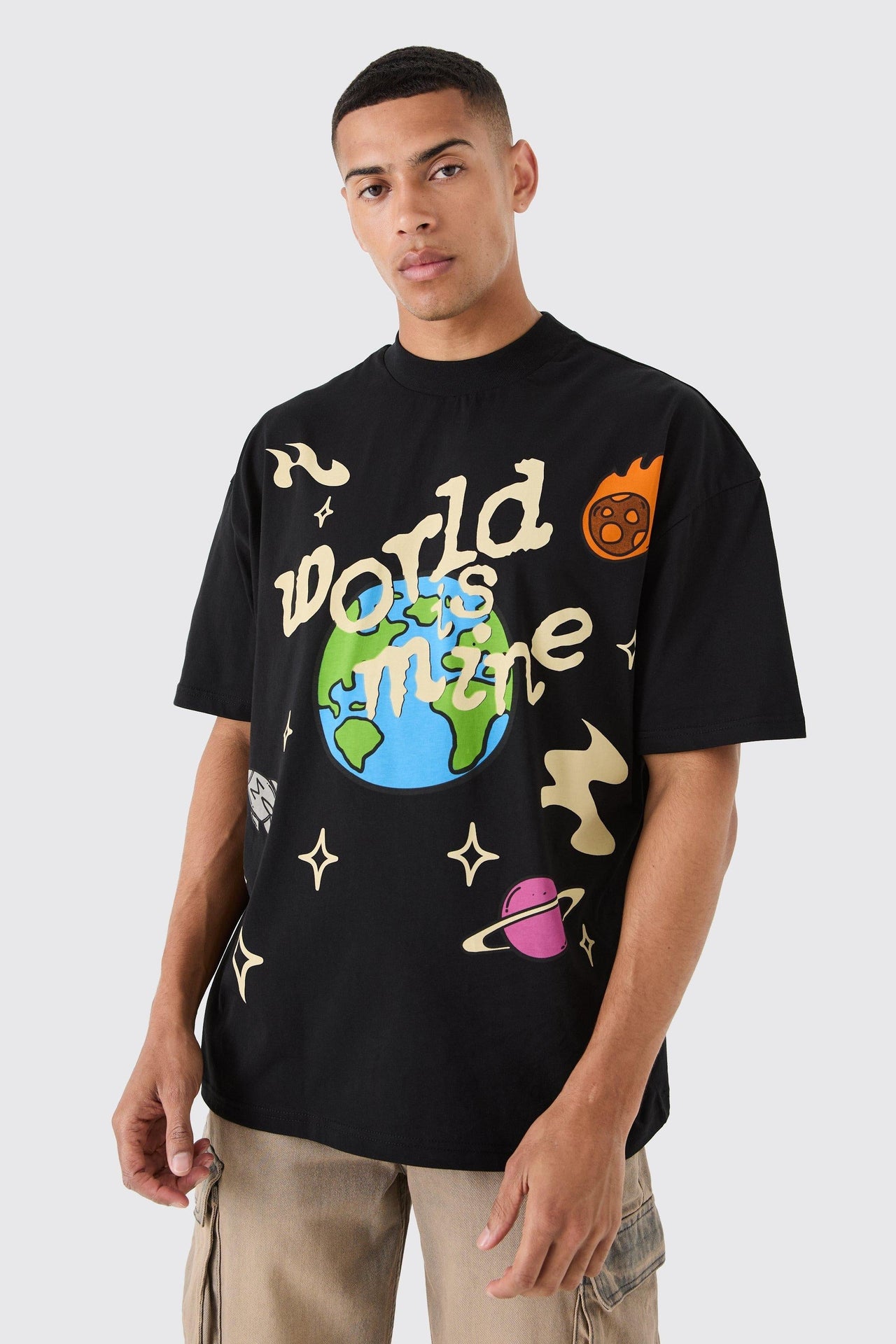 Oversized Extended Neck Space Graphic T-shirt