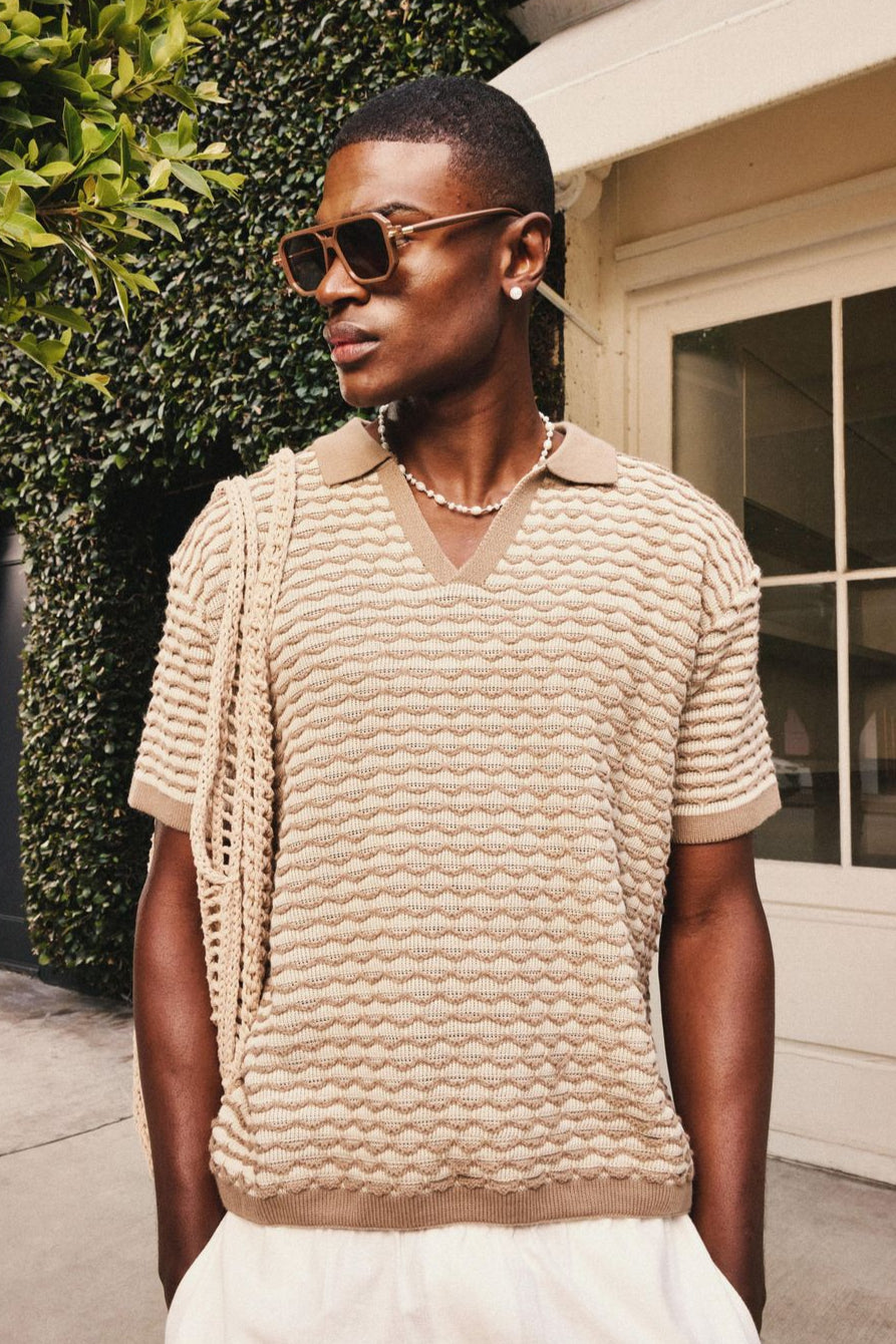 Oversized Boxy Stripe Textured Knit Polo
