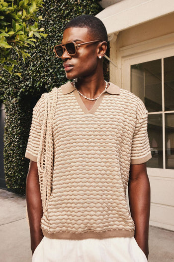 Oversized Boxy Stripe Textured Knit Polo